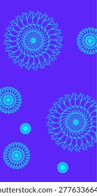 This image showcases a vibrant purple gradient background decorated with intricate, swirling geometric patterns in bright cyan. The main design elements resemble stylized mandalas or rotating floral shapes, with sharp, leaf-like edges arranged in a circular motion, creating a dynamic sense of movement. A large spiral pattern stands out prominently, while smaller variations and dotted circular accents are scattered across the composition. Some elements are partially cropped at the edges, adding a modern and seamless design feel. The combination of bold colors and detailed linework gives the artwork a contemporary, energetic, and visually striking appearance, suitable for digital backgrounds or decorative graphics.