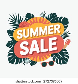 Esta Imagen muestra una promoción de rebajas de verano vibrante, completa con follaje tropical, colores brillantes y artículos icónicos de verano como gafas de sol y helados, creando emoción.