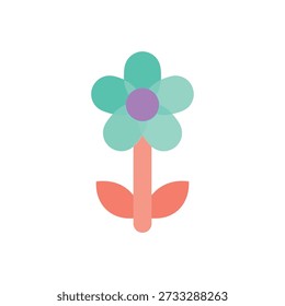 Esta Imagen muestra una vibrante flor verde azulada con un centro púrpura y un tallo naranja, sobre un fondo limpio y minimalista, que exuda un sentimiento alegre y juguetón con sus colores audaces y contrastantes y un estilo de diseño simple y plano