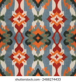 This image showcases a vivid tribal pattern with a repeating design. The pattern features a combination of bold and earthy colors, including deep red, orange, green, navy blue, and cream. It is charac