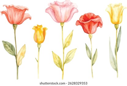 This image showcases a watercolor painting of five lisianthus flowers in varying pastel and vibrant colors, each with delicate green leaves, isolated on a white background.