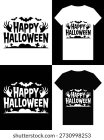 Esta imagem mostra um modelo de camiseta branca com um gráfico de halloween preto, apresentando morcegos, texto e um design de paisagem assustador.