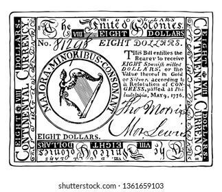 Esta é uma imagem mostrando a Moeda Continental. Esta moeda é feita de papel, vintage linha de desenho ou gravura ilustração.