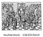 In this image showing urban Pope II on the council of Clermont. Many people have gathered, Pope Urban II is guiding them and changing history, vintage line drawing or engraving illustration.