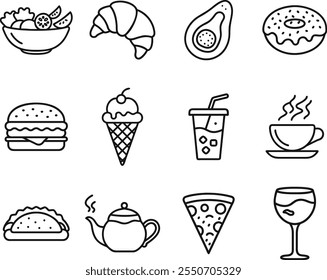 This image shows 12 line art icons representing various food and drink items, including a salad, croissant, avocado, donut, burger, ice cream, iced beverage, coffee, taco, teapot, pizza, and a glass o