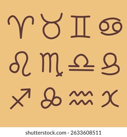 This image shows 12 zodiac symbols arranged in a 3x4 grid on a beige background.