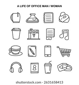 This image shows 16 simple line icons of everyday items. They include a kettle, bottle, notebook, bread, coffee cups, coffee machine, book, music note, tea cup, tablet, phone, shopping cart, headphone