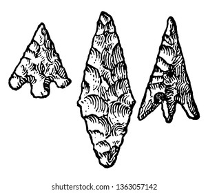 This image shows the 3 arrowheads. The average arrowhead is larger than the other arrowheads. These are implemented in the Neolithic age, vintage line drawing or engraving illustration.