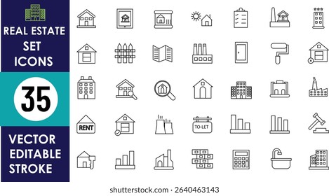 This image shows 35 real estate vector icons, including houses, buildings, factories, doors, keys, toilets, “FOR RENT,” “TO-LET” signs, and construction tools