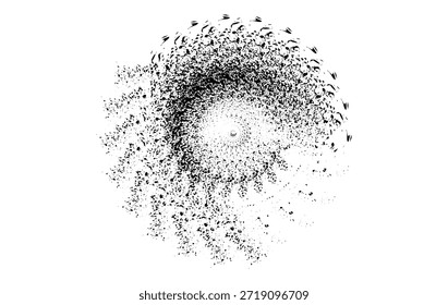Esta imagem mostra um vórtice espiral abstrato criado a partir de milhares de partículas pretas em um fundo branco. O movimento circular dinâmico torna-o ideal para o design moderno, arte digital.