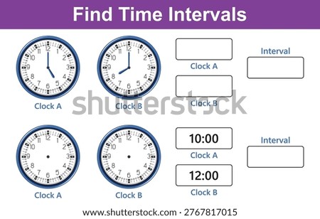 This image shows analog clocks for educational purposes, illustrating how to find time intervals between different times presented on the clocks. it includes input fields for students to write their answers.