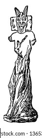 This image shows the ancient idol. Idol has a longer ear and are found in Korsabad, vintage line drawing or engraving illustration.