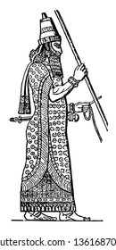 This image shows the appearance of the rule. There is a stick in the hand of the rule, vintage line drawing or engraving illustration.