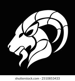 This image shows an artistic illustration of the silhouette of a mountain goat, seen from the side, with a black and white design. The goat's head has large horns that curve backwards