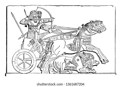 This image shows the Assyrian sculpture of displaying horses. Includes the carriage along with the horses and the lion, vintage line drawing or engraving illustration.