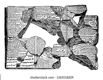 Esta imagen muestra la tableta asiria que representa parte de la leyenda de la inundación. La parte central de la imagen está en blanco, dibujo de línea vintage o ilustración de grabado.