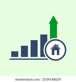 This image shows a bar chart with four bars increasing in height from left to right. Above the tallest bar, there is a green upward-pointing arrow. In the foreground, a circle contains a house icon.