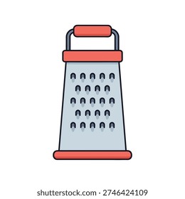 This image shows a basic, flat illustration of a grater with a red handle and base, designed for kitchen use. The grater has a series of holes arranged in rows for grating or shredding food items. The illustration is minimalistic and uses a muted gray color for the grater body, contrasting with the bright red handle and base.