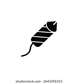 This image shows a black silhouette illustration of a firecracker on a white background, including its fuse, cylindrical body, and conical top. Simple and clean.