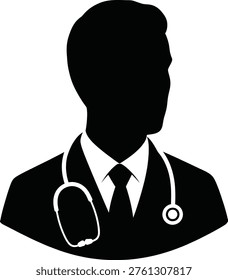This image shows a black silhouette of a person dressed in formal attire, including a suit, dress shirt, and tie. The individual has a stethoscope draped around their neck, indicating a medical profession. The silhouette is simple and clean, focusing on the key elements of the doctor's attire and tools of the trade.