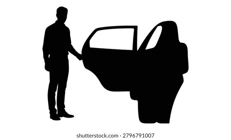 This image shows a black silhouette of a man standing next to a car set against a white background. It