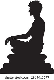 This image shows a black silhouette of a person sitting cross-legged in a meditative pose atop a pedestal. The figure is depicted in a calm and contemplative stance, with one hand resting on the knee and the other hand placed on the lap. The simplicity of the silhouette emphasizes the serene and balanced posture, often associated with mindfulness and relaxation practices.