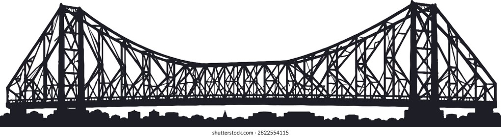 This image shows a black silhouette of Howrah Bridge with the Kolkata cityscape below, set against a white background. It is a vector illustration.