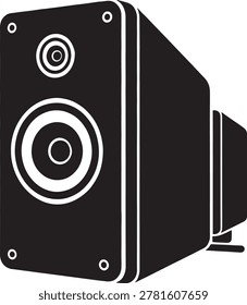 This image shows a black speaker enclosure designed for audio output. The speaker features a large circular woofer at the front for bass frequencies and a smaller circular tweeter above it for higher frequencies. The speaker has a modern, minimalistic design with rounded edges and small mounting points on the sides and bottom.