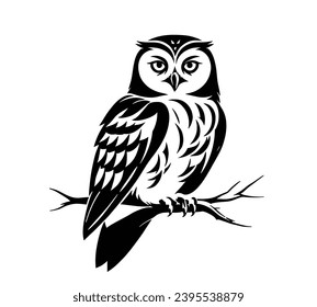 This image shows a black and white owl sitting on a branch. The owl is facing the camera and has its head turned to the side. Its wings are spread out and its feathers are ruffled. The branch is bare 