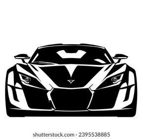 This image shows a black and white silhouette of a  car. sleek body and angular lines clearly visible. 