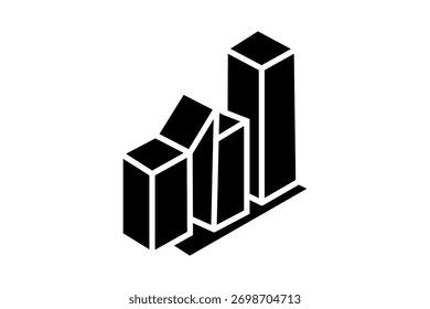Esta imagem mostra um ícone preto e branco de um gráfico de barras. O design apresenta quatro barras 3D verticais de diferentes alturas, dispostas uma ao lado da outra.