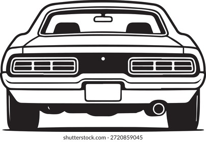 This image shows a black and white line-art illustration of the rear view of a classic muscle car. The design is symmetrical and minimal, emphasizing iconic rear details such as rectangular taillights, rear window, dual tires, exhaust pipe, and a bold horizontal stripe across the body.
The simplified silhouette and high-contrast style make this artwork ideal for automotive branding, retro-themed posters, apparel graphics, stickers, garage decor, logos, editorial illustrations, and digital media. Its clean monochrome design allows easy adaptation for print and digital use, making it suitable for designers seeking a bold vintage automotive aesthetic.