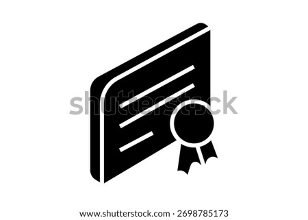 This image shows a black-and-white icon of a certificate or diploma. The document has text lines and a circular seal or badge with ribbons, symbolizing achievement, qualification