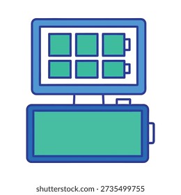 This image shows a blue battery icon with a monitor on top displaying six green squares indicating charge levels. Featuring indicator