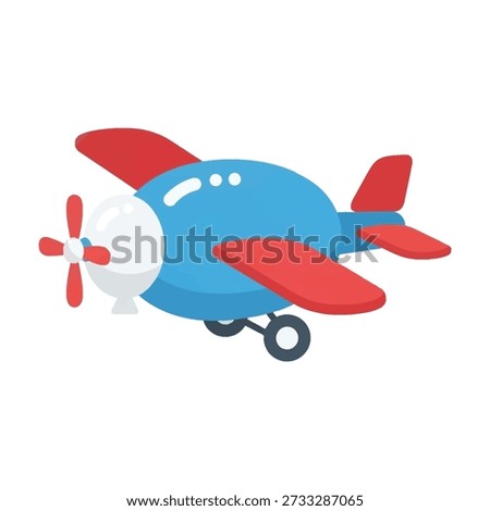 This image shows a blue cartoon airplane with red wings and propeller on a white background, conveying a sense of fun and adventure. Featuring flight, travel, transportation