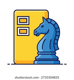 This image shows a blue chess knight piece standing beside a yellow rectangle with two square windows, against a white background