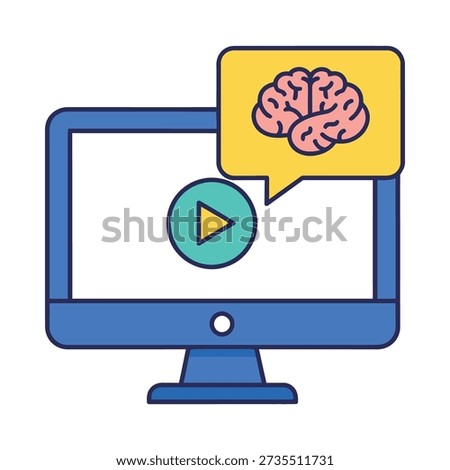 This image shows a blue computer monitor with a play button and a brain in a speech bubble, symbolizing online education and brain function