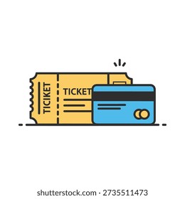 This image shows a blue credit card and two yellow tickets on a white background. Featuring payment, event, travel, booking
