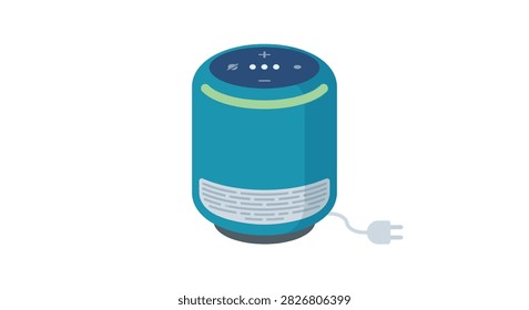 This image shows a blue cylindrical air purifier in a flat vector style, featuring a power cord and vent openings.