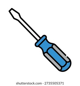 This image shows a blue handled flathead screwdriver on a white background. Featuring tool, hardware, equipment, hand tool