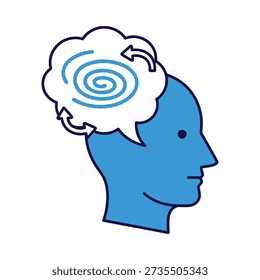 This image shows a blue human head with a thought bubble containing a swirling spiral, symbolizing deep thought or confusion