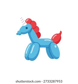 Esta Imagen muestra un juguete inflable azul del globo del caballo con una melena roja y la cola en un fondo blanco. Con diversión, juego, celebración, fiesta, niño, niños, alegría, colorido