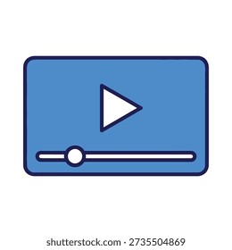 This image shows a blue play button icon with a white triangle on a plain white background. Featuring video icon, blue background