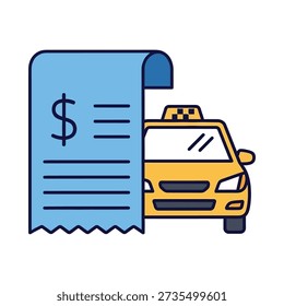 This image shows a blue receipt with a dollar sign next to a yellow taxi cab on a white background. Featuring invoice, car