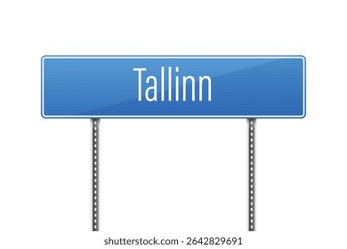Esta Imagen muestra una señal de tráfico azul que indica las direcciones a Tallin. El letrero está apoyado por dos postes de metal y cuenta con letras blancas sobre un fondo azul. Sencillo e informativo.