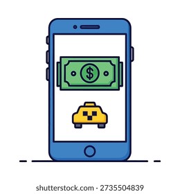 This image shows a blue smartphone with a green dollar bill and a yellow taxi on its screen. Featuring mobile payment, online payment