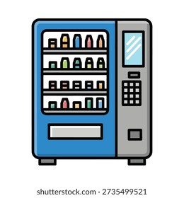 This image shows a blue vending machine with a digital display and colorful snacks on its shelves. Featuring snack vending machine