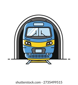 This image shows a blue and yellow train emerging from a tunnel, conveying a sense of transportation and movement. Featuring commuter