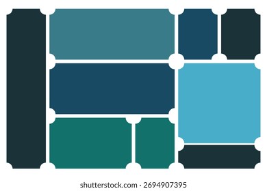 Esta imagem mostra blocos de tons azuis organizados usando conectores brancos para formar um modelo de layout. A composição consiste em diferentes tons azuis contra um fundo branco.