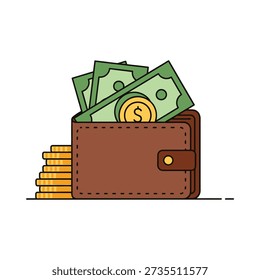 This image shows a brown leather wallet filled with green bills and gold coins on a white background. Featuring cash, money